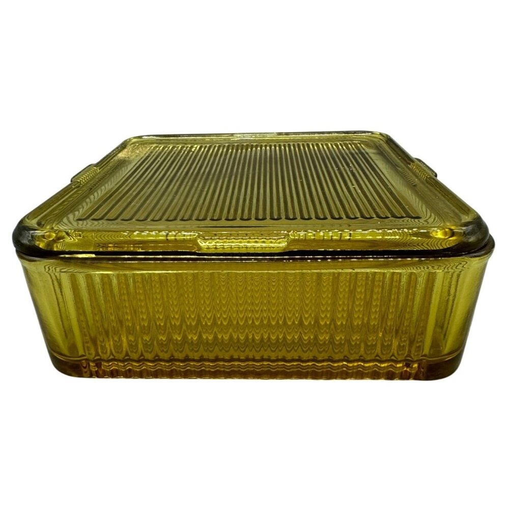 Vintage Square Federal Glass Yellow Ribbed Refrigerator Lidded Box 8.5" READ